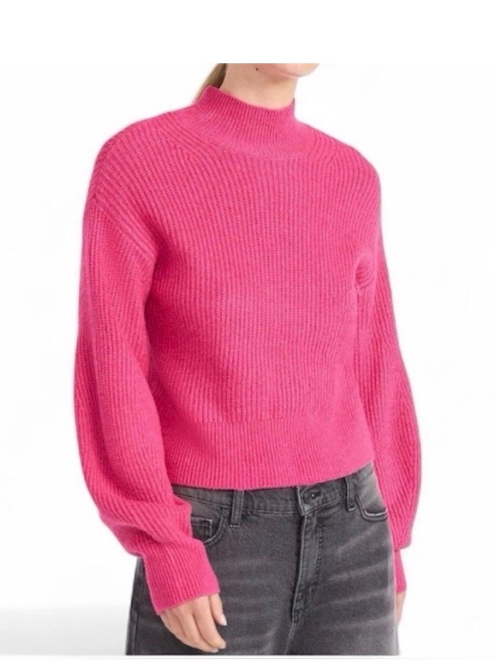 Women's Fuchsia Mock Neck Sweater with Balloon Sleeves